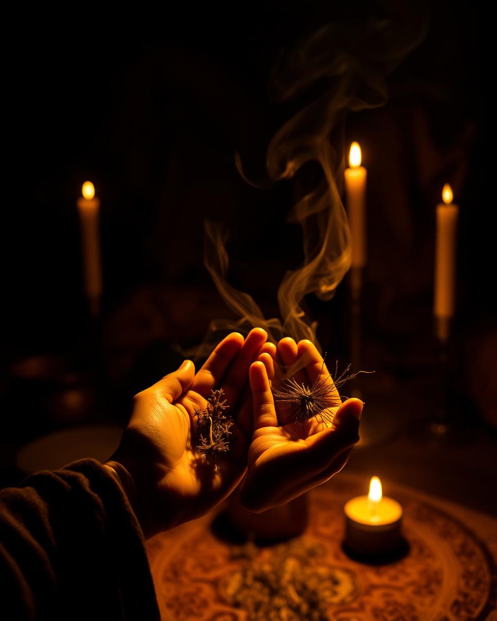 Mãos segurando ervas em ritual